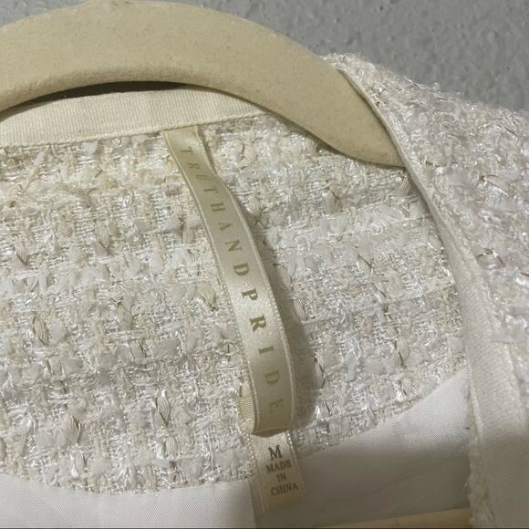 Truth & Pride Cream Tweed Moto Zip Blazer Jacket With Metallic Thread Womens M - Picture 3 of 10